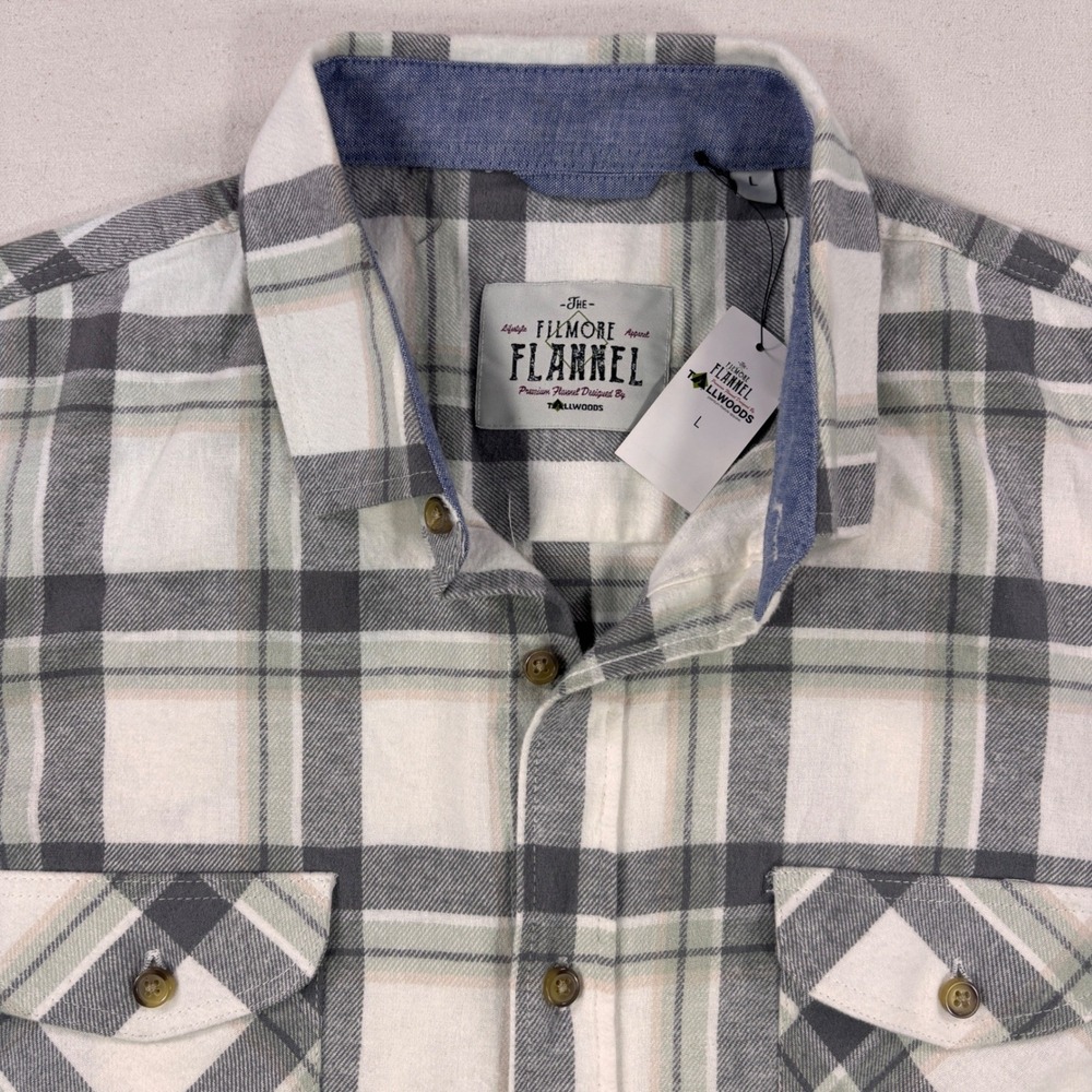 Tallwoods Filmore Flannel Mens Large Grey Mint White Plaid Button Shirt NEW